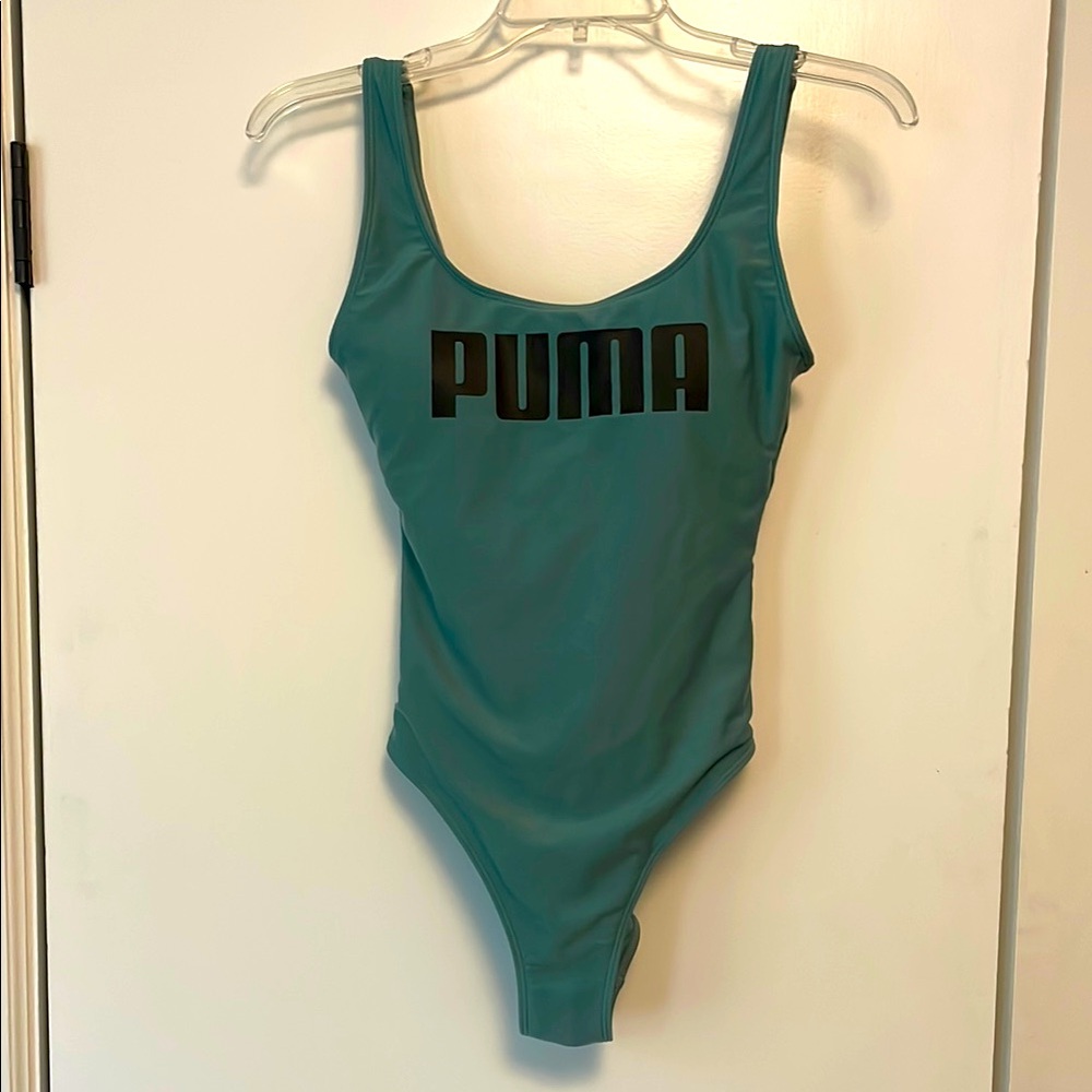 NWOT Puma Teal One Piece Swimsuit with High-Leg Cut and Scoop Neckline